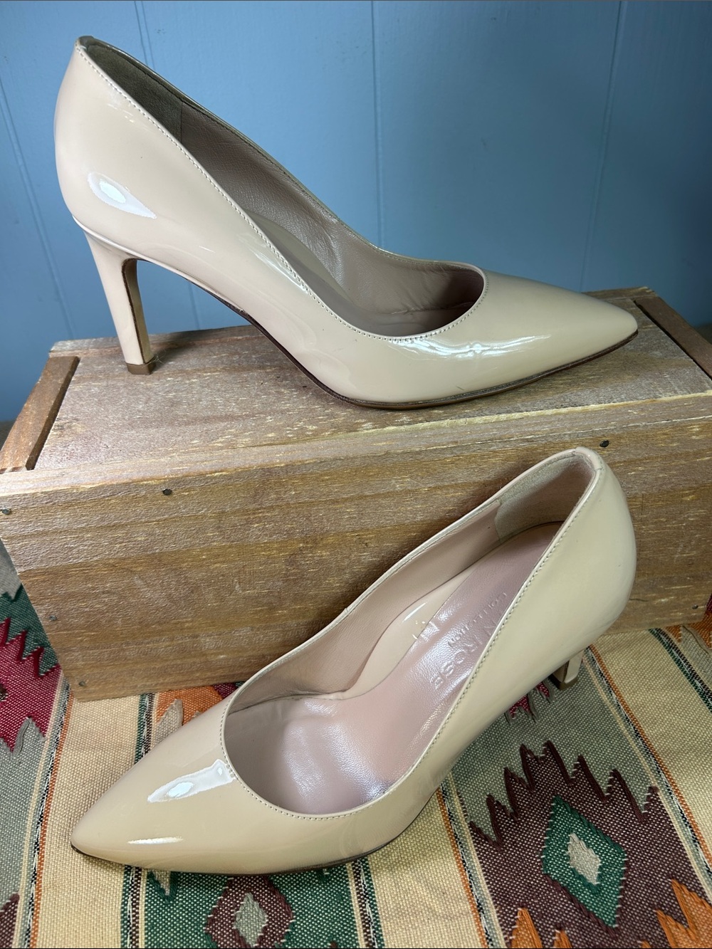 Taryn Rose Beige Patent Leather Pointed-Toe Pumps